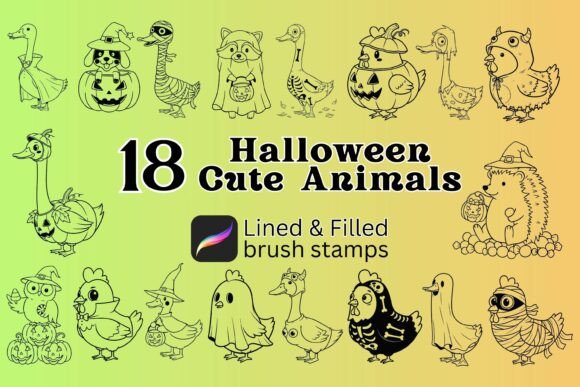18 Halloween Cute Animal Brush Stamps for Procreate