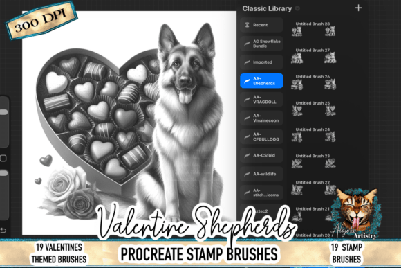 Valentine Shepherds Procreate Stamps: Instant Canine Charm